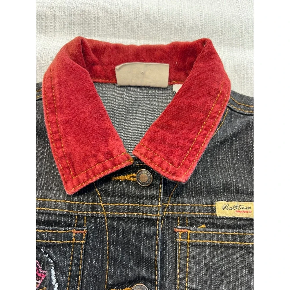 Levi‎ Strauss Signature Girls 24M Dark Wash Denim Jacket Red Corduroy Collar